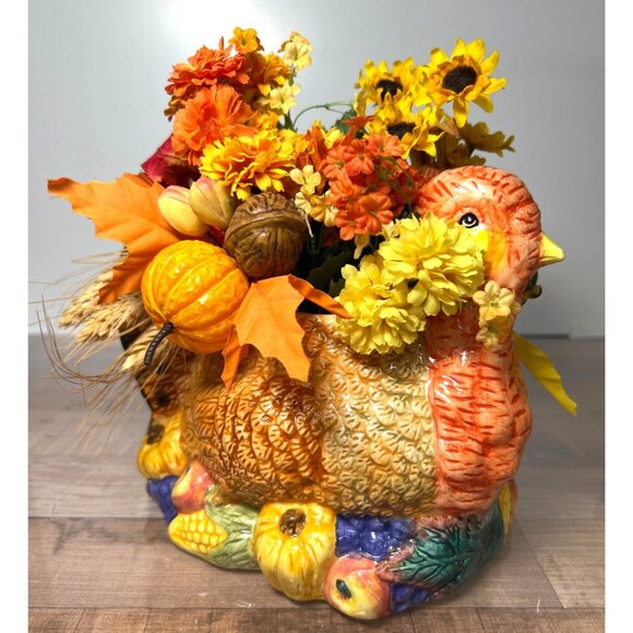 Ceramic Turkey Centerpiece With Faux Flowers & Gourds - Picture 1 of 4